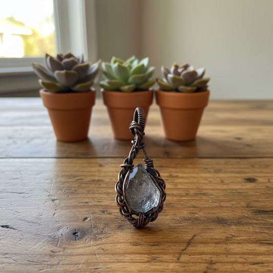 handmade copper-wrapped Herkimer diamond pendant