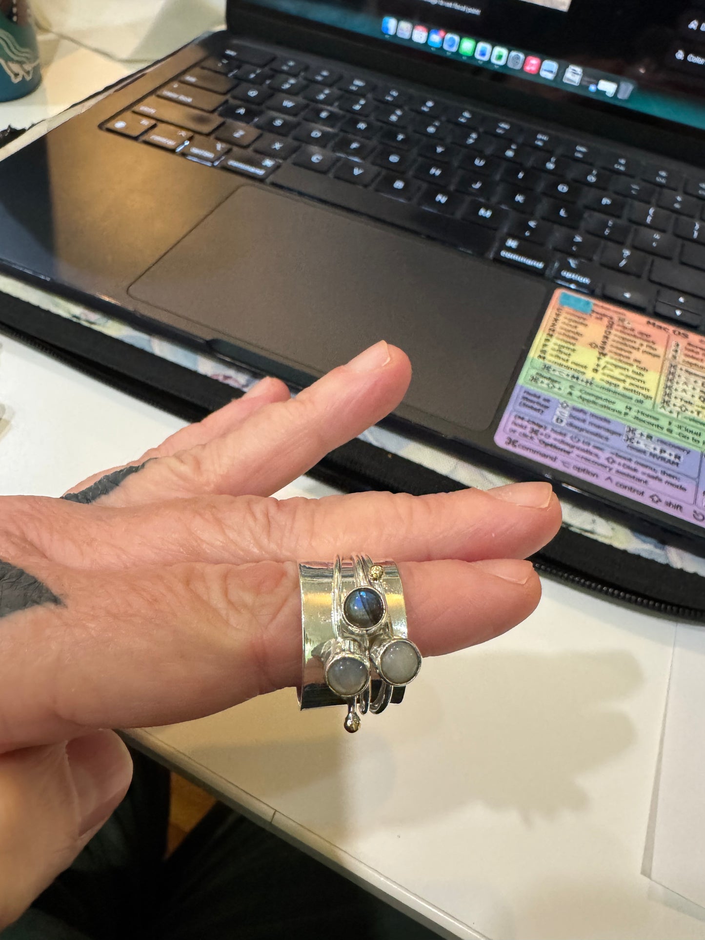 Ethiopian opal and labradorite spinner ring in sterling silver (size 8.5)