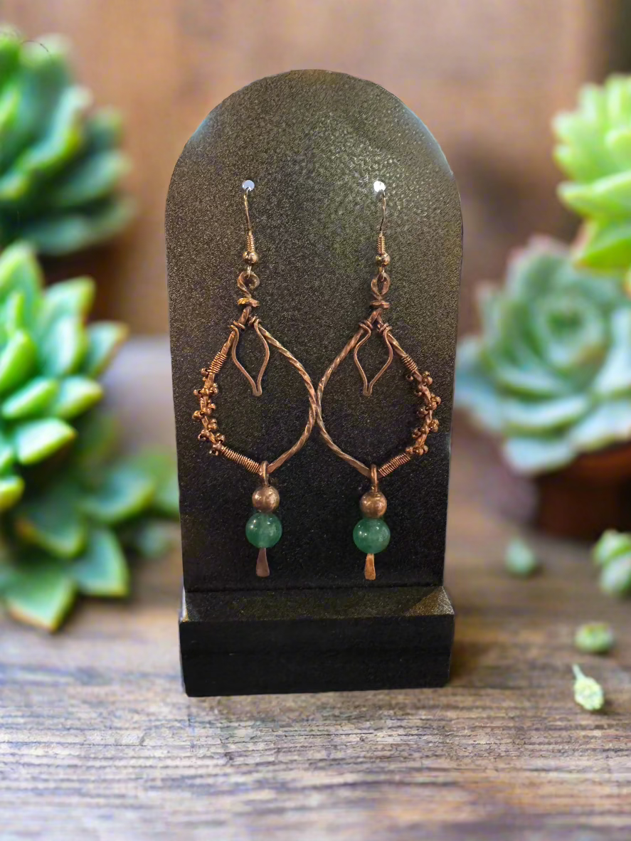 handmade green aventurine and copper earrings