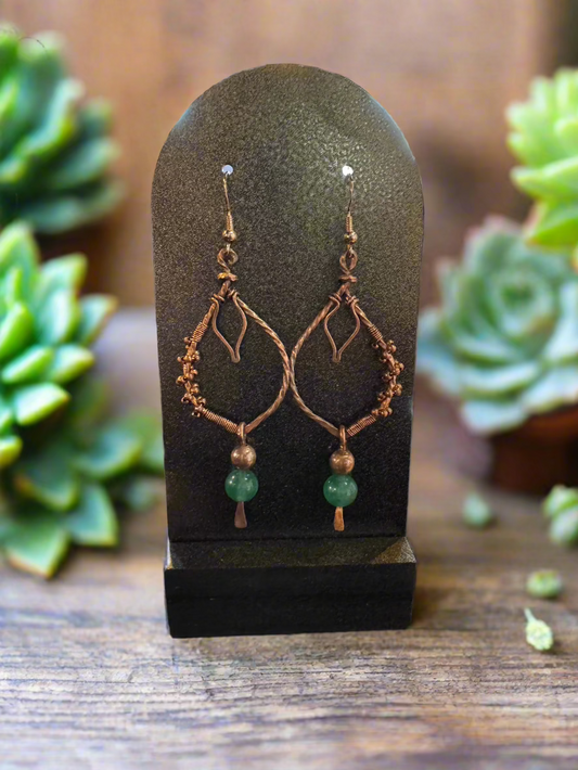 handmade green aventurine and copper earrings