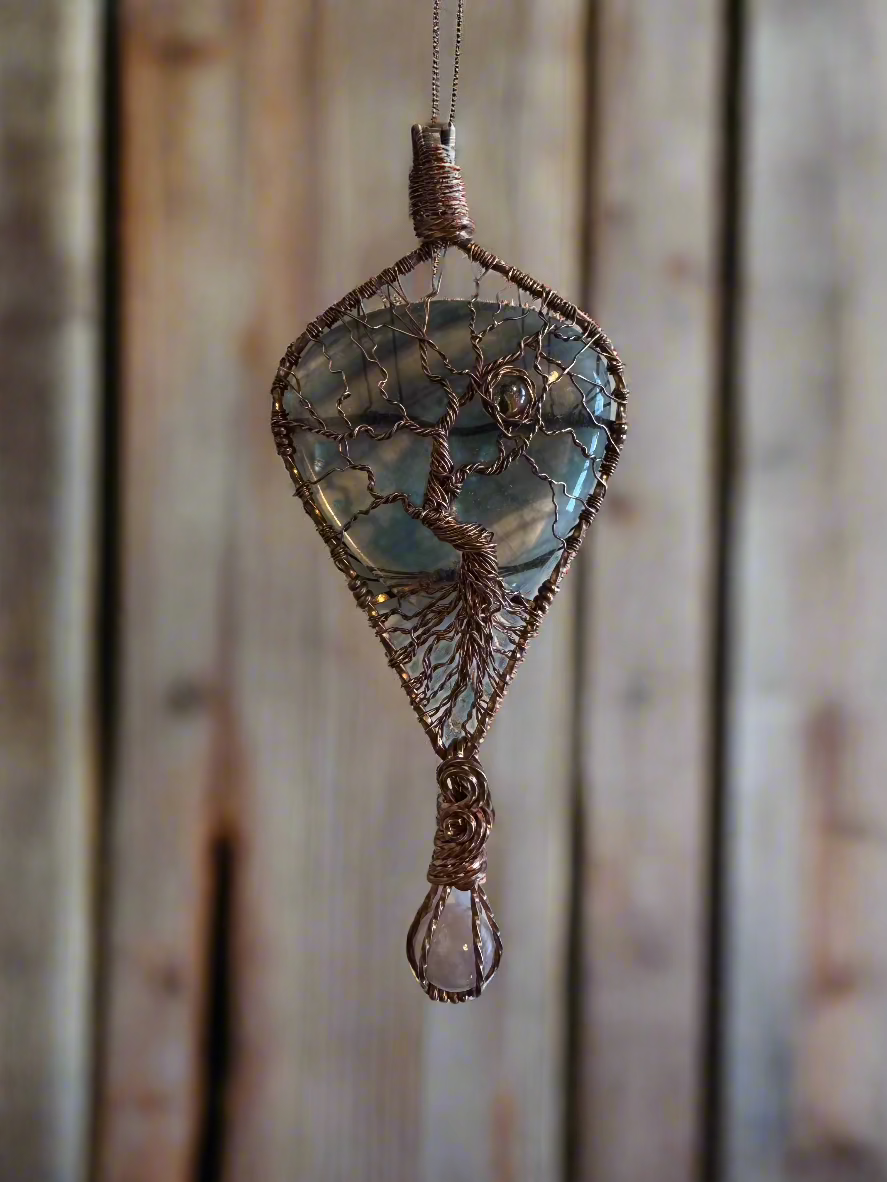 handmade copper-wrapped fluorite and lavender rose quartz tree of life pendant