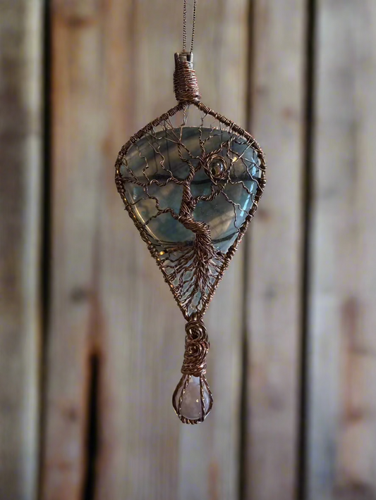 handmade copper-wrapped fluorite and lavender rose quartz tree of life pendant