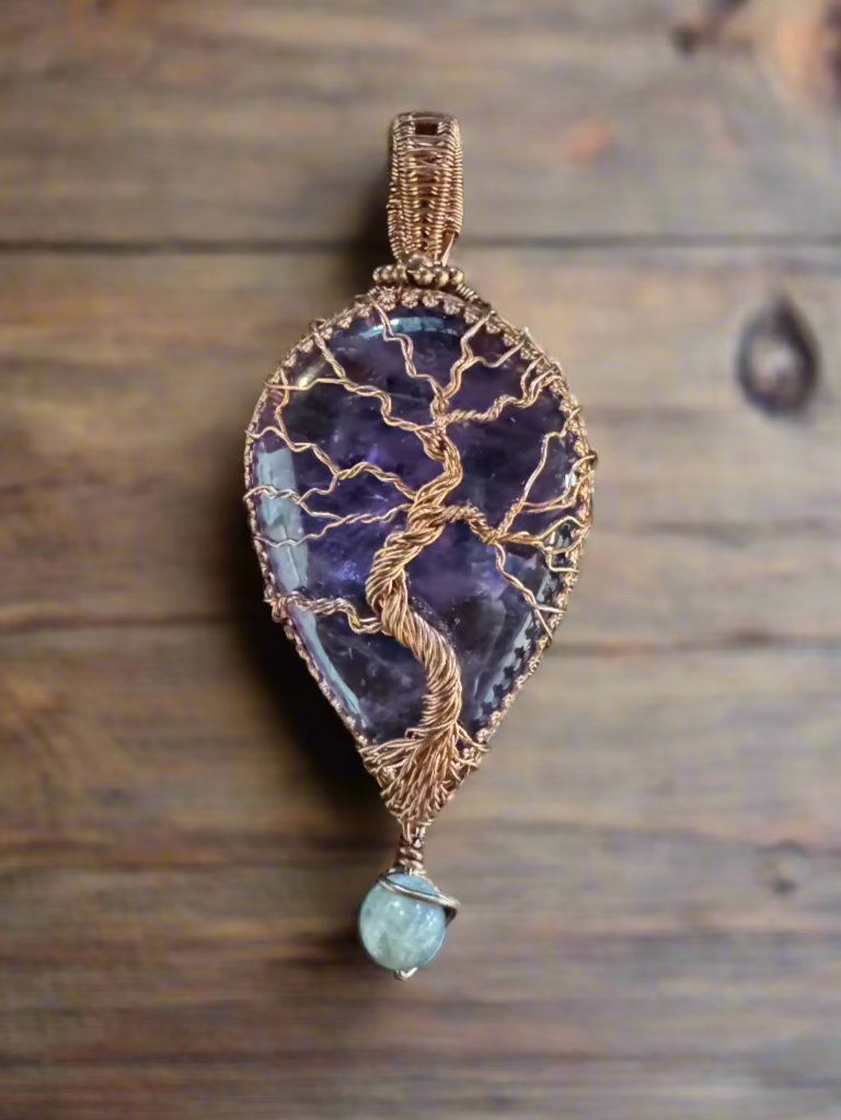 handmade copper-wrapped AAA-grade amethyst and labradorite tree of life pendant