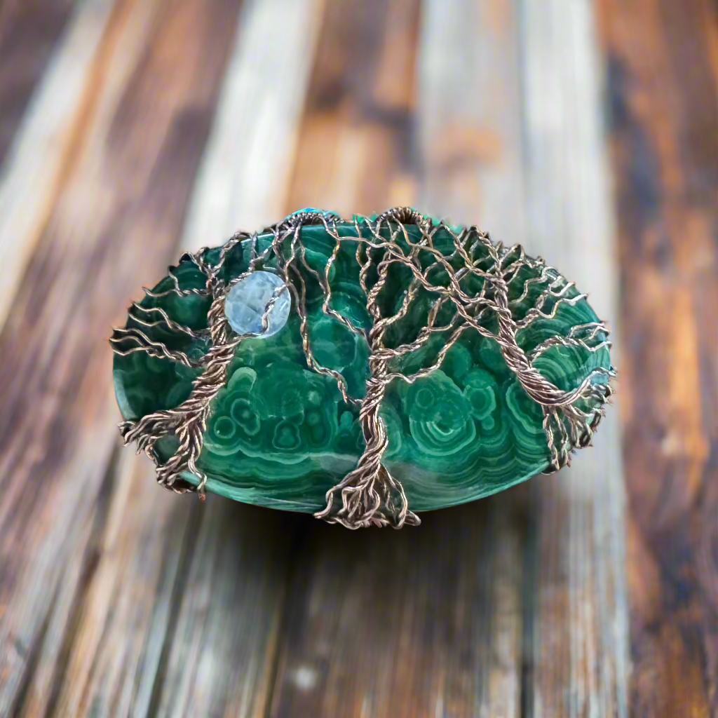 handmade copper-wrapped malachite and rainbow moonstone triple tree pendant