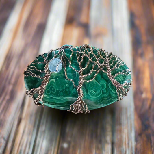 handmade copper-wrapped malachite and rainbow moonstone triple tree pendant