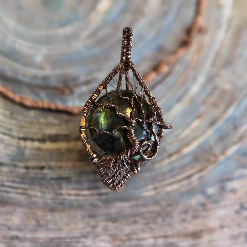 handmade copper-wrapped blue-flash labradorite pendant