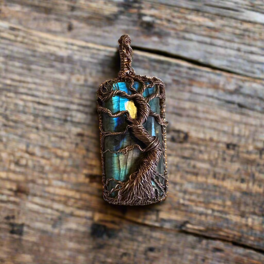 handmade copper-wrapped blue-flash labradorite pendant