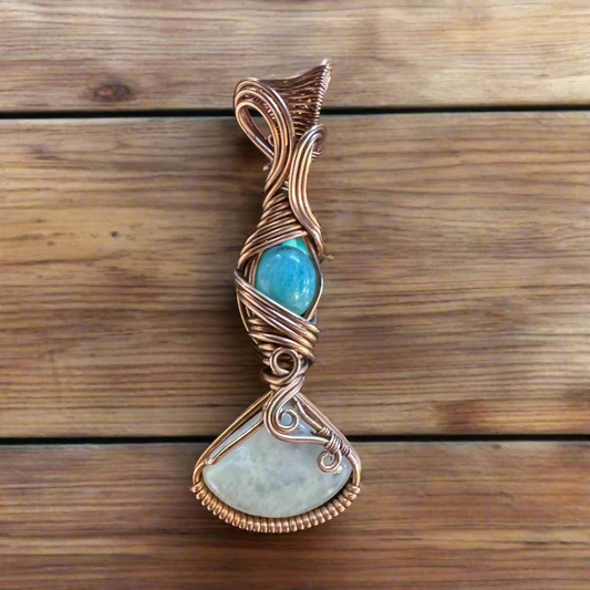 handmade copper-wrapped rainbow moonstone and amazonite pendant