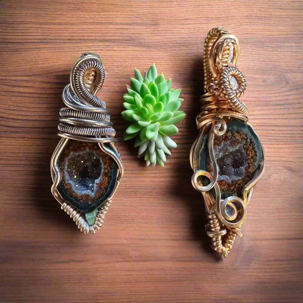 handmade copper-wrapped Tabasco geodes (sister set--available separately)