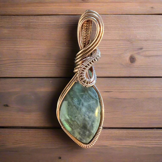 handmade copper-wrapped blue-flash labradorite pendant