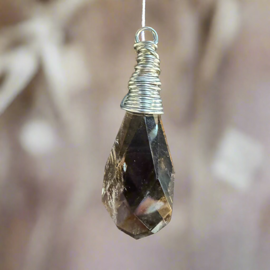 handmade silver-wrapped faceted smoky quartz pendant