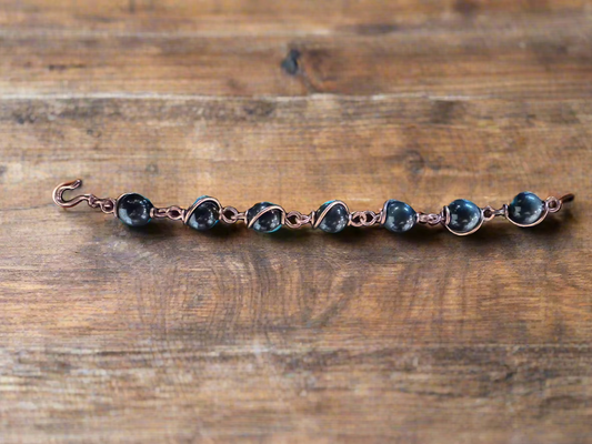 handmade silver-sheen obsidian and copper bracelet