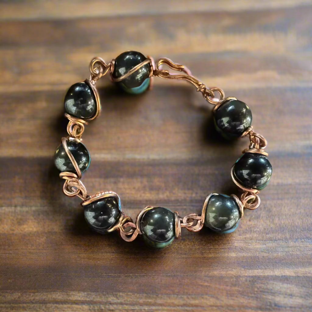 handmade silver-sheen obsidian and copper bracelet