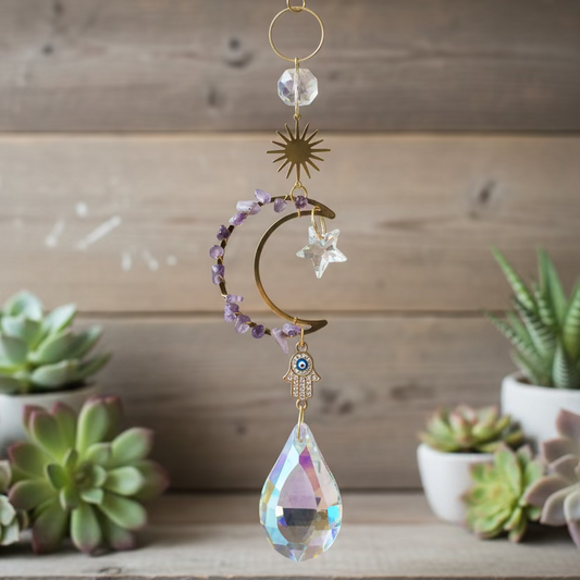 amethyst hamsa moon sun catcher