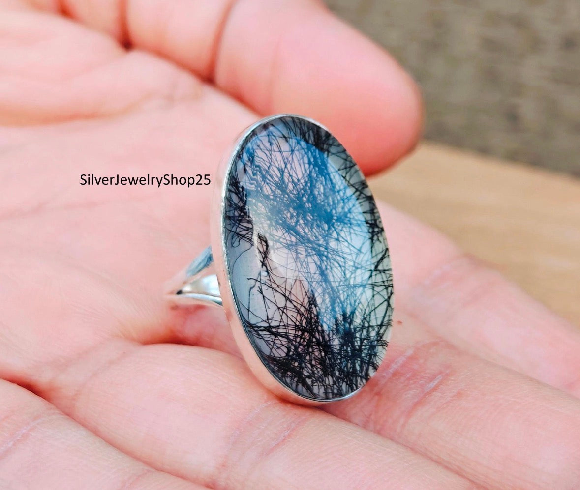 sterling silver ring with black rutile in quartz stone