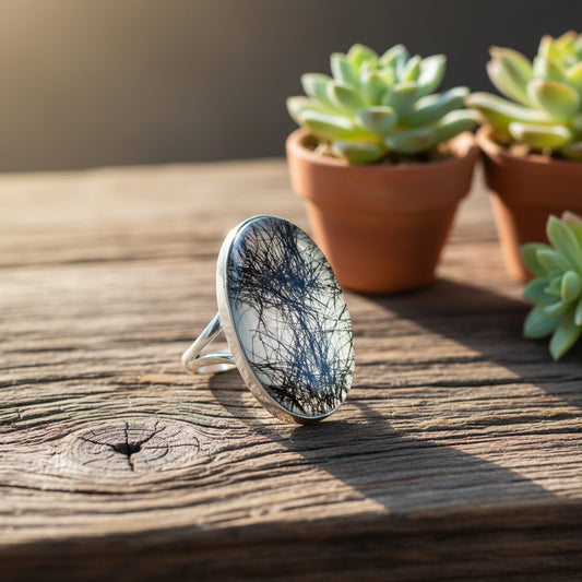 sterling silver ring with black rutile in quartz stone