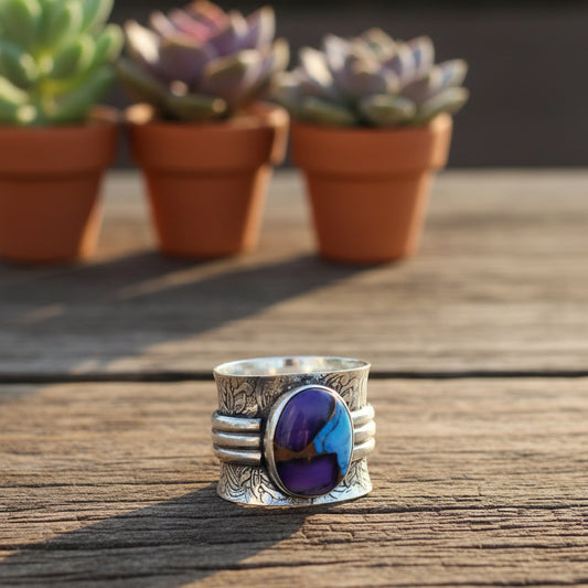 purple copper turquoise ring in sterling silver
