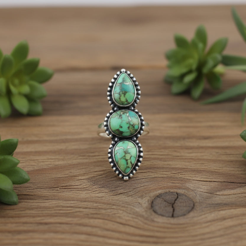 green copper turquoise ring in sterling silver