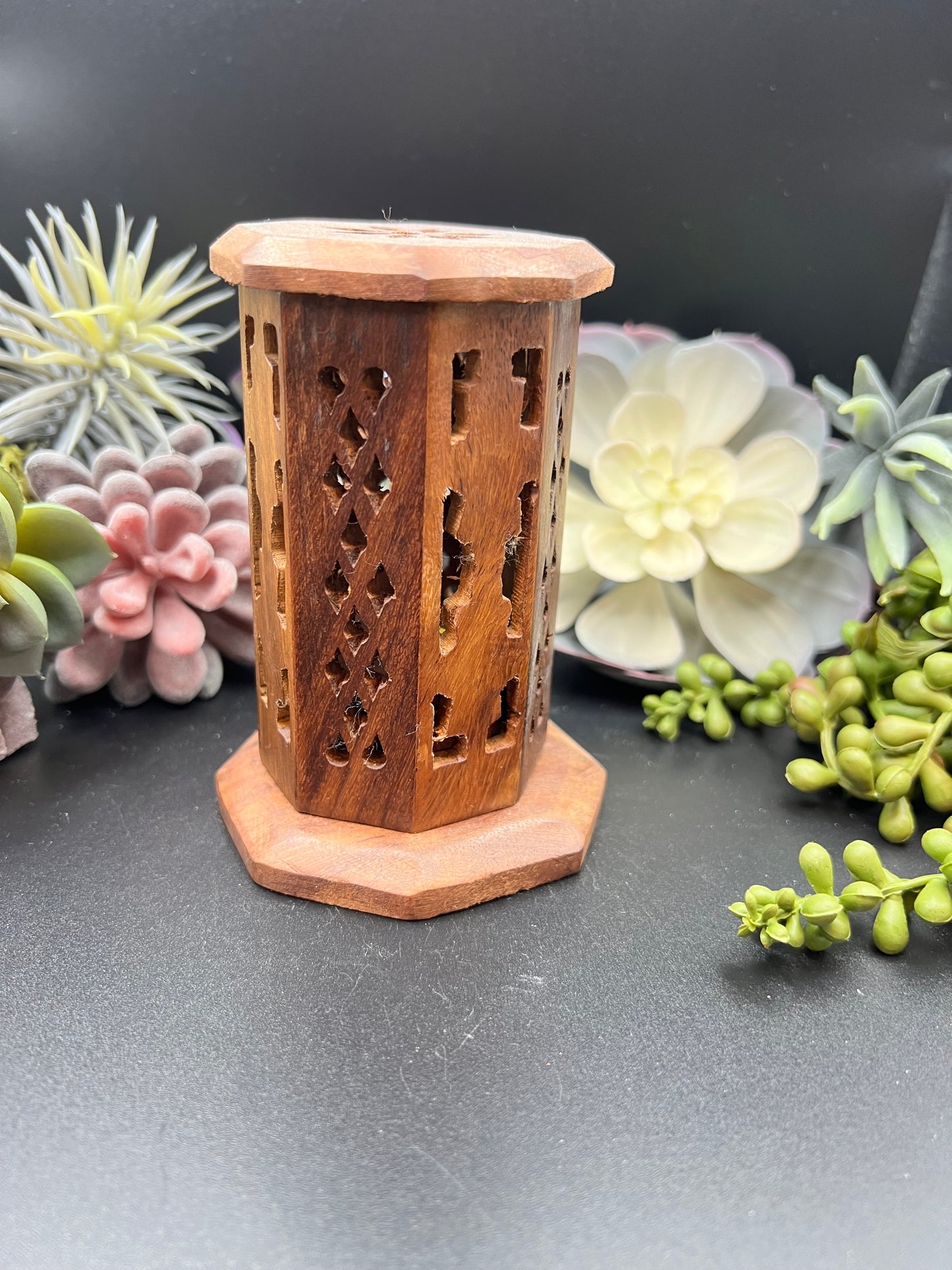 carved wood tower incense burner