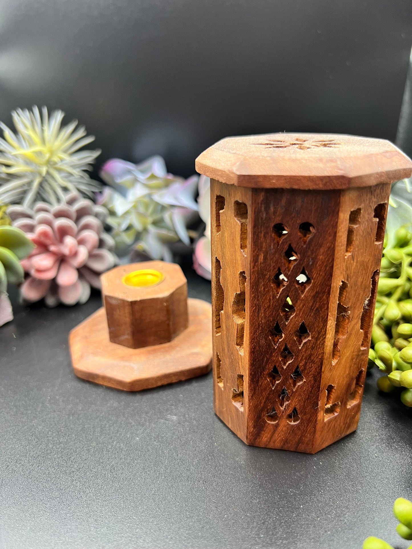 carved wood tower incense burner