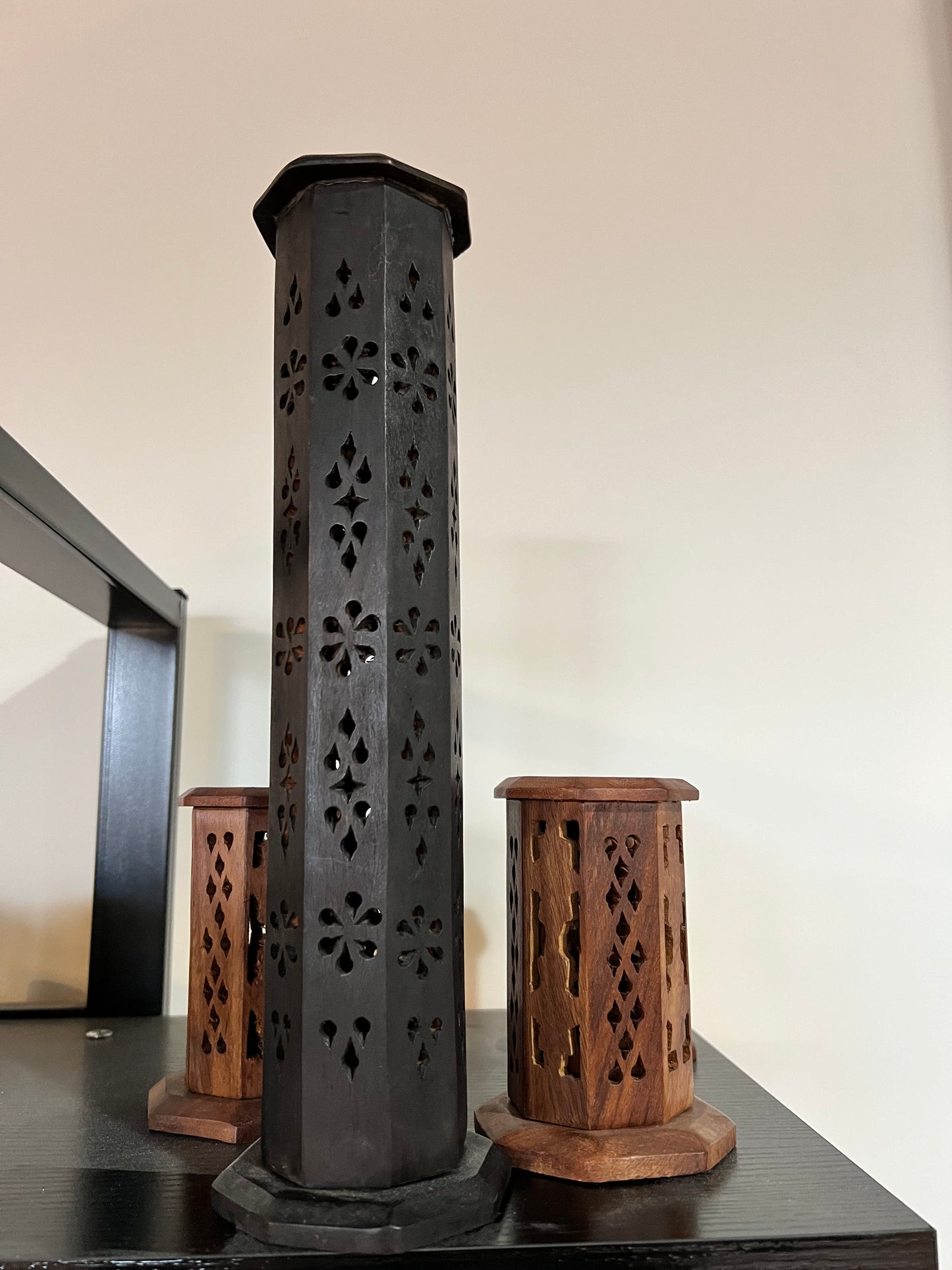 carved wood tower incense burner