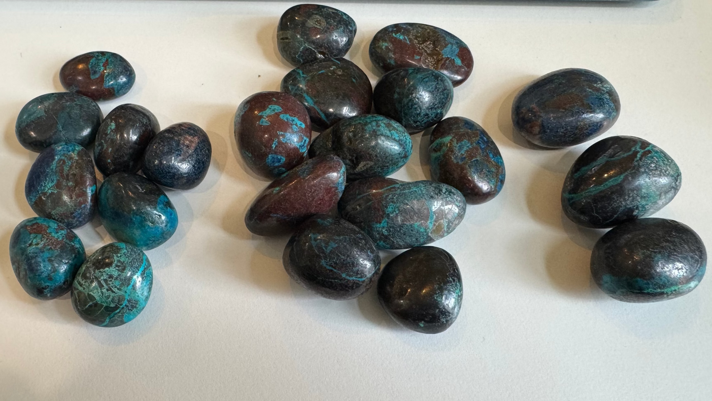 chrysocolla in shattuckite tumbles (with azurite and dioptase inclusions)