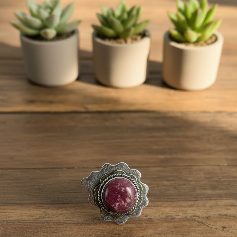 thulite adjustable ring in sterling silver with 18K gold accent