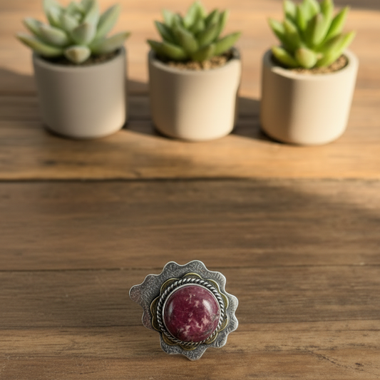 thulite adjustable ring in sterling silver with 18K gold accent