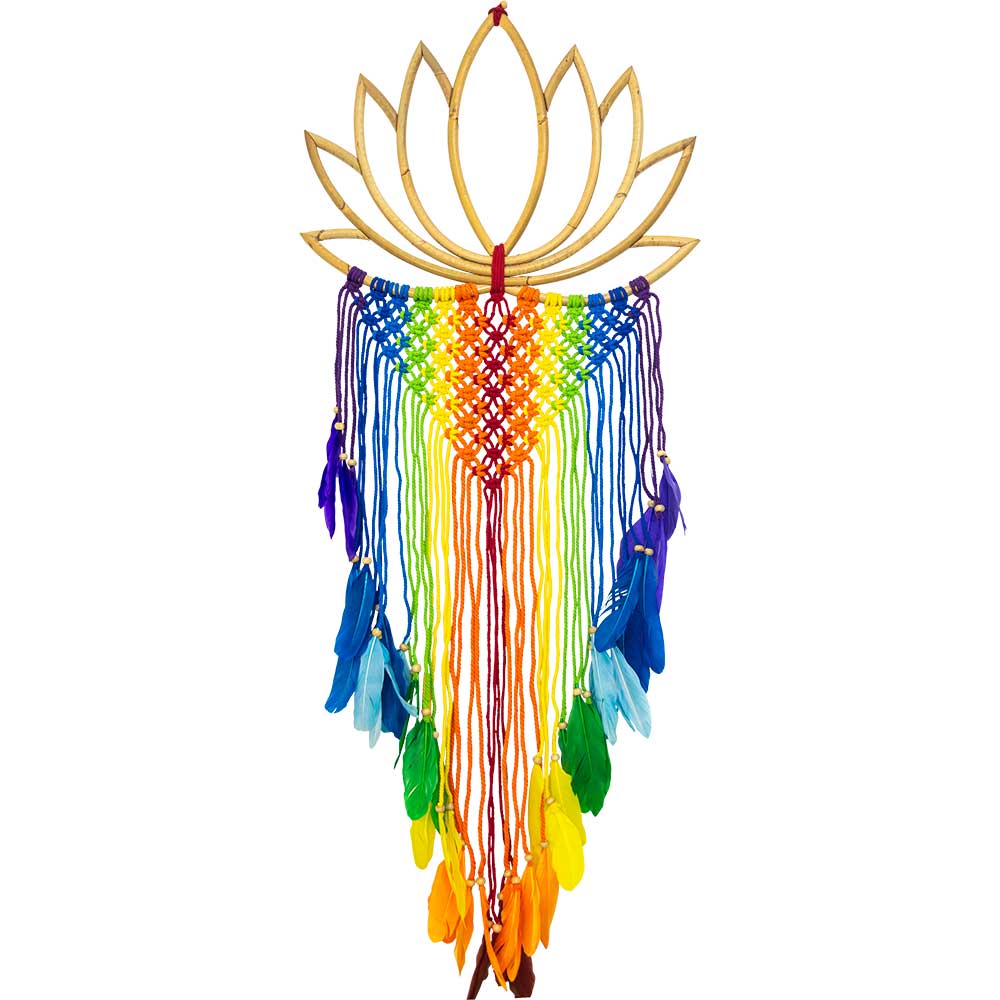 bamboo boho lotus wall hanging with rainbow chakra macrame tassels