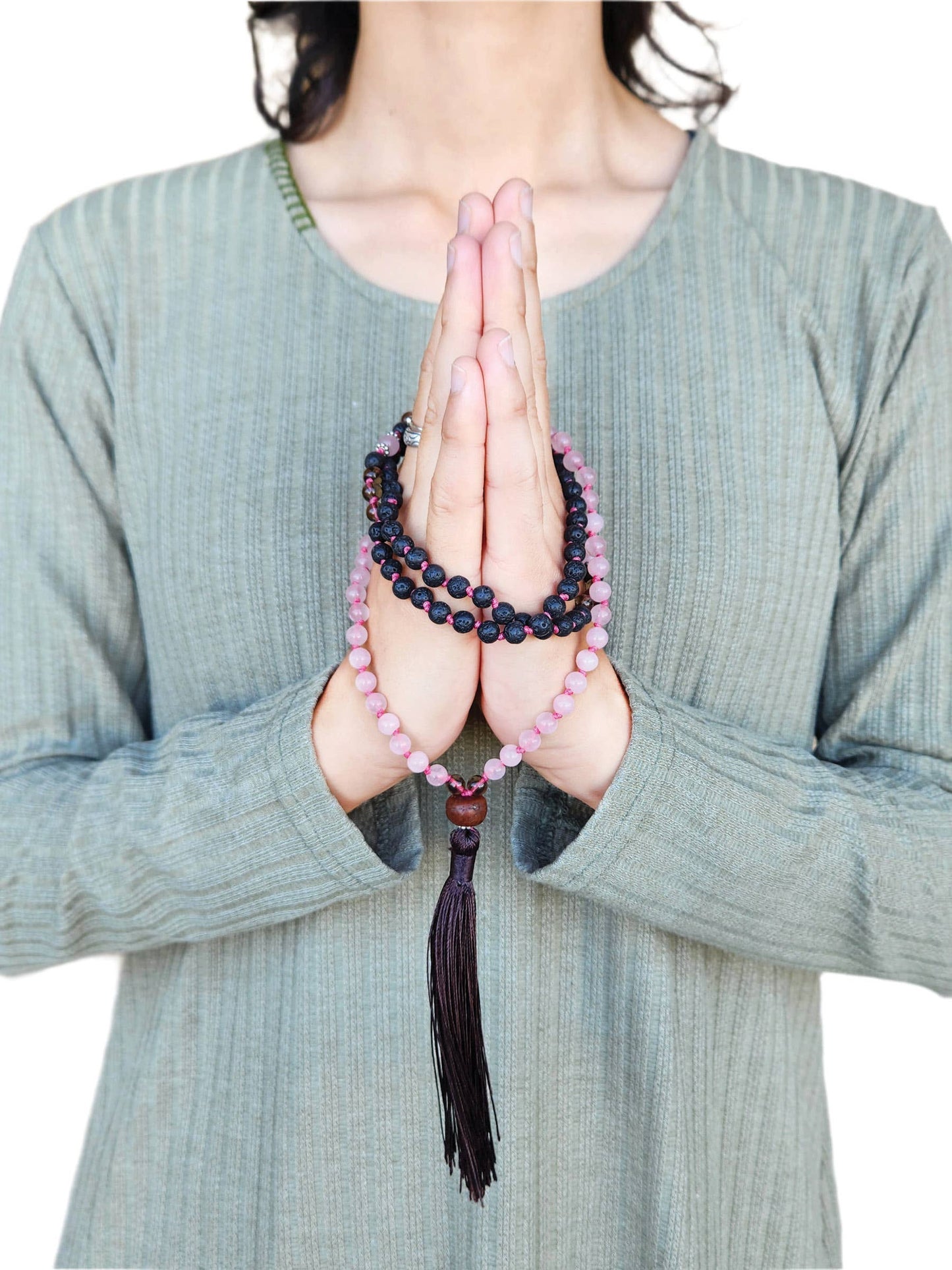 mala with rose quartz, smoky quartz, and lava stone