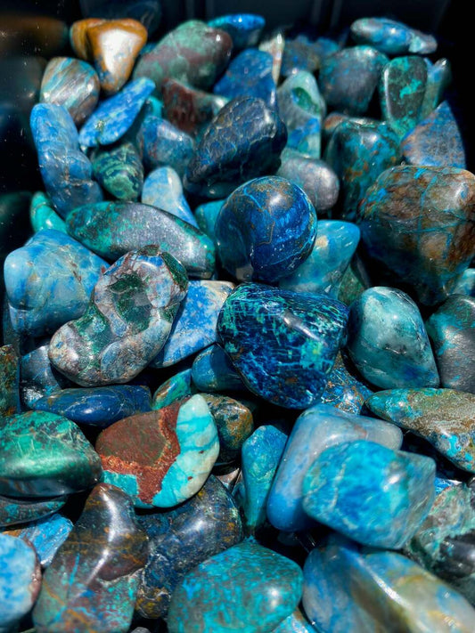 chrysocolla in shattuckite tumbles