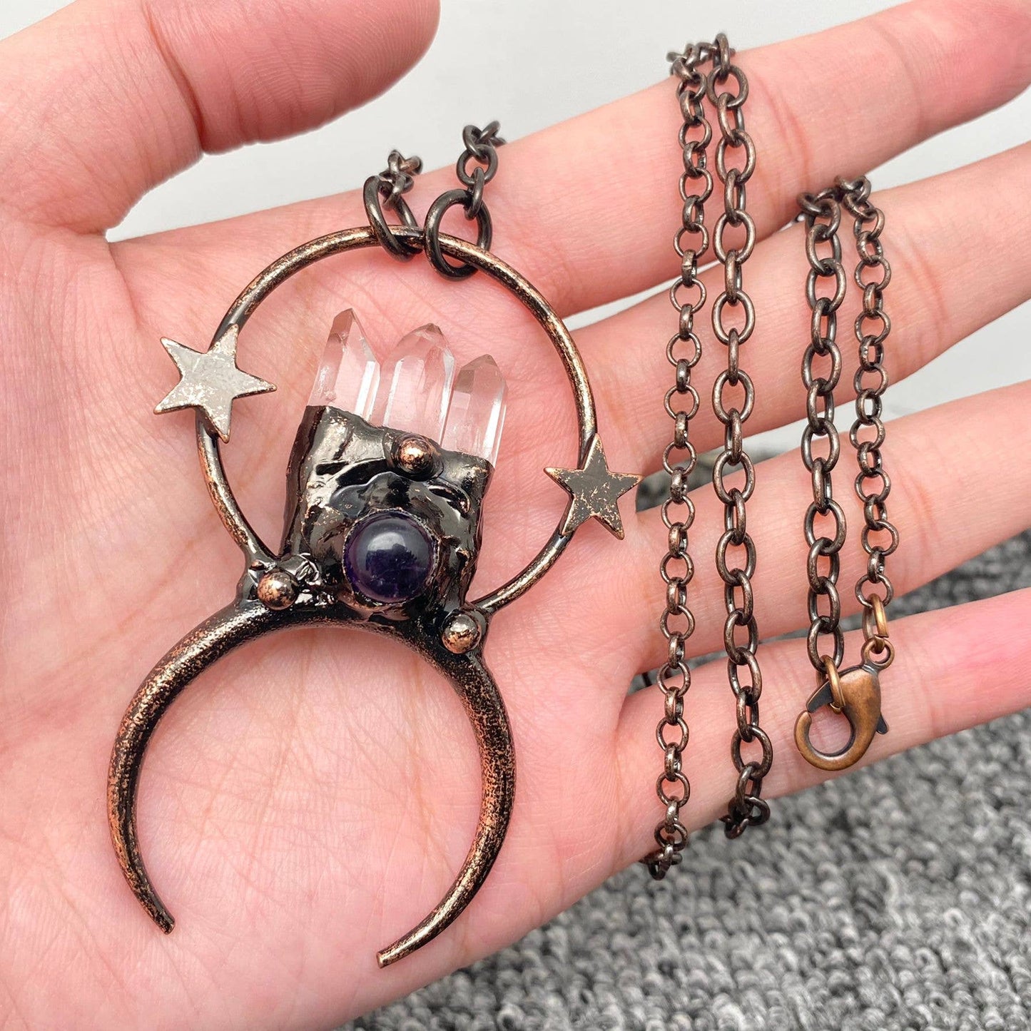 amethyst & clear quartz points celestial pendant necklace