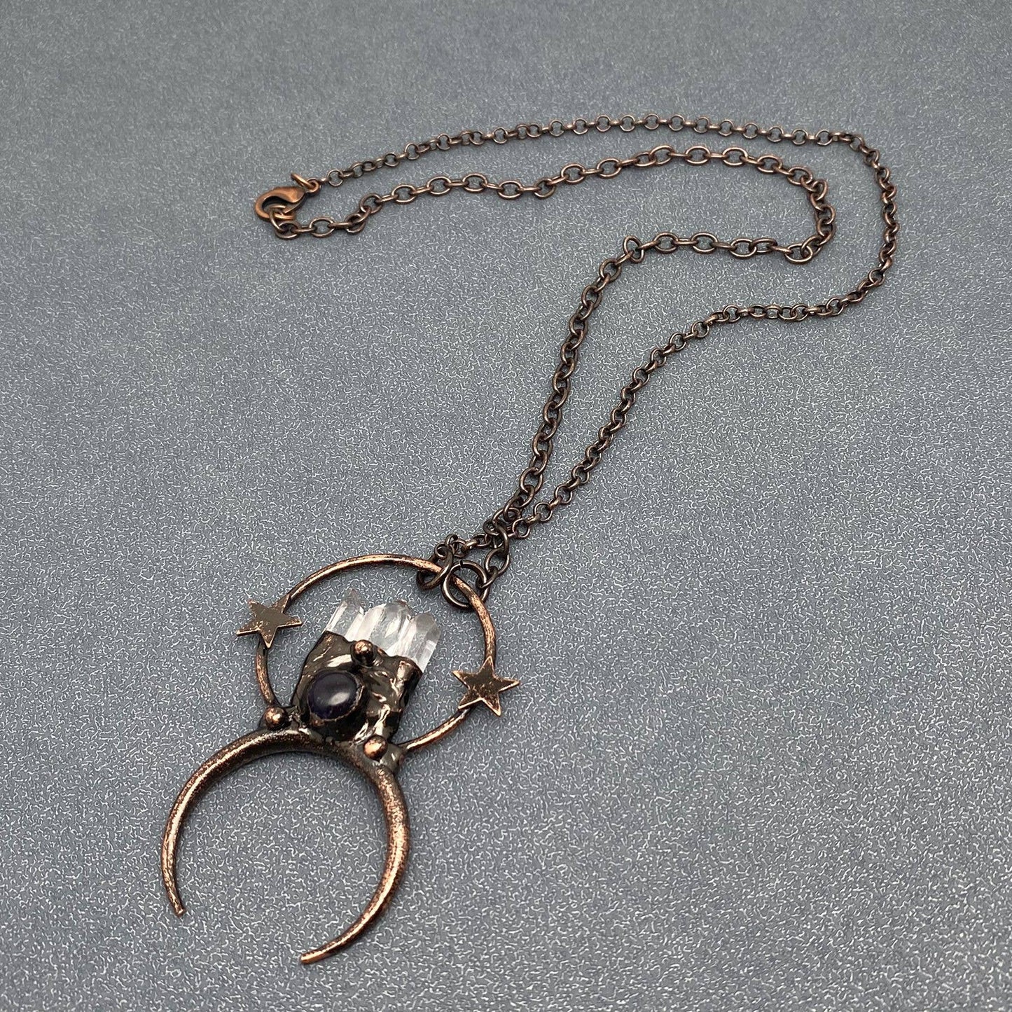 amethyst & clear quartz points celestial pendant necklace