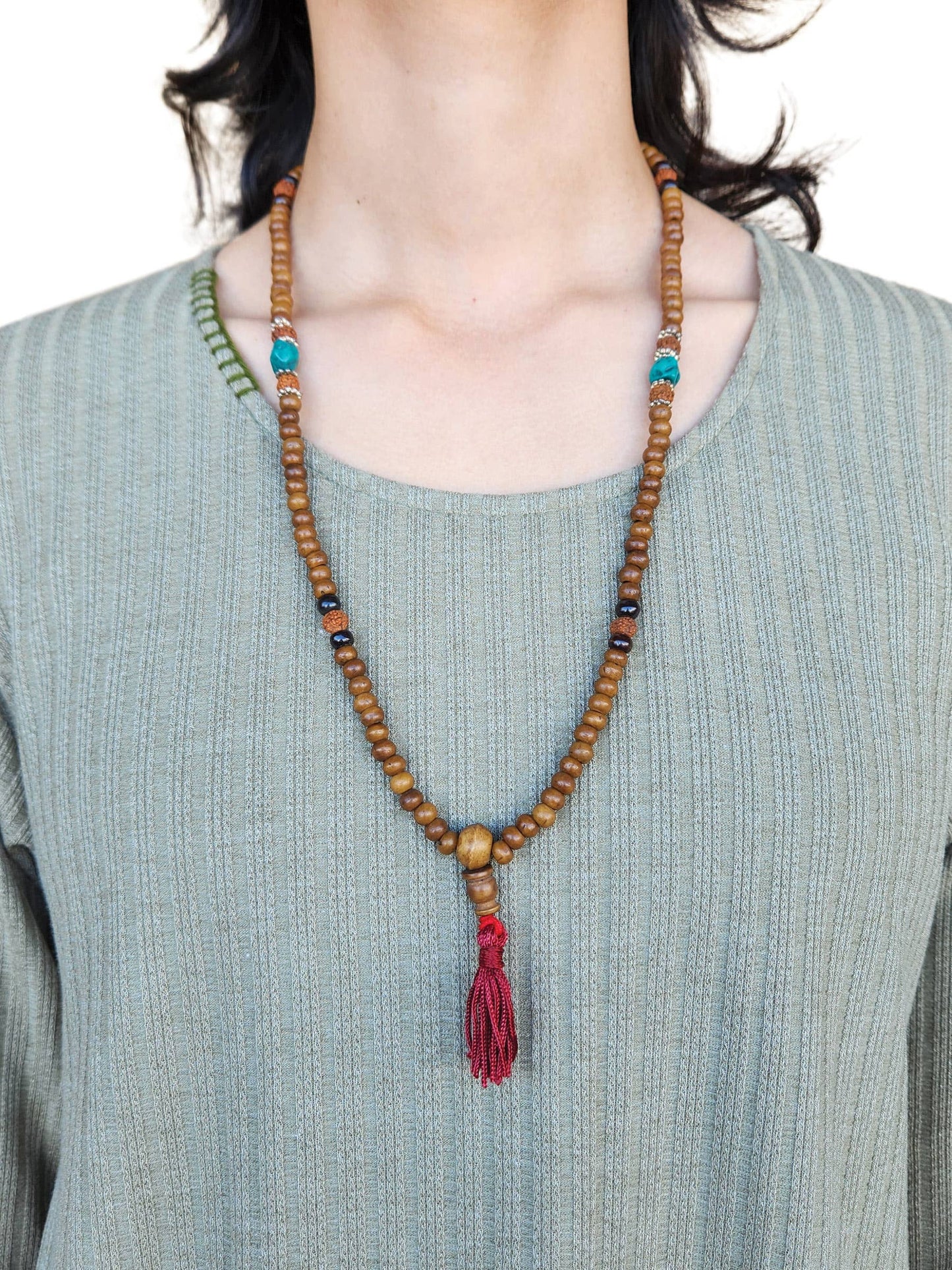 mala with Bodhi seed beads and green accents