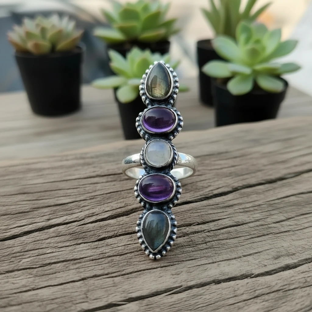 labradorite, amethyst, and moonstone statement ring (size 9)