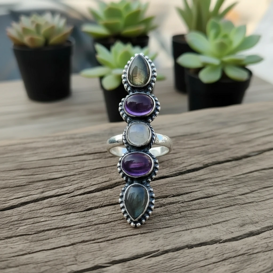 labradorite, amethyst, and moonstone statement ring (size 9)