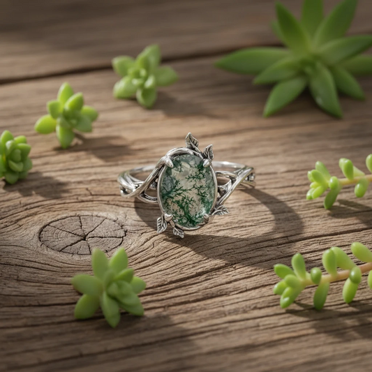 moss agate leaf ring in sterling silver